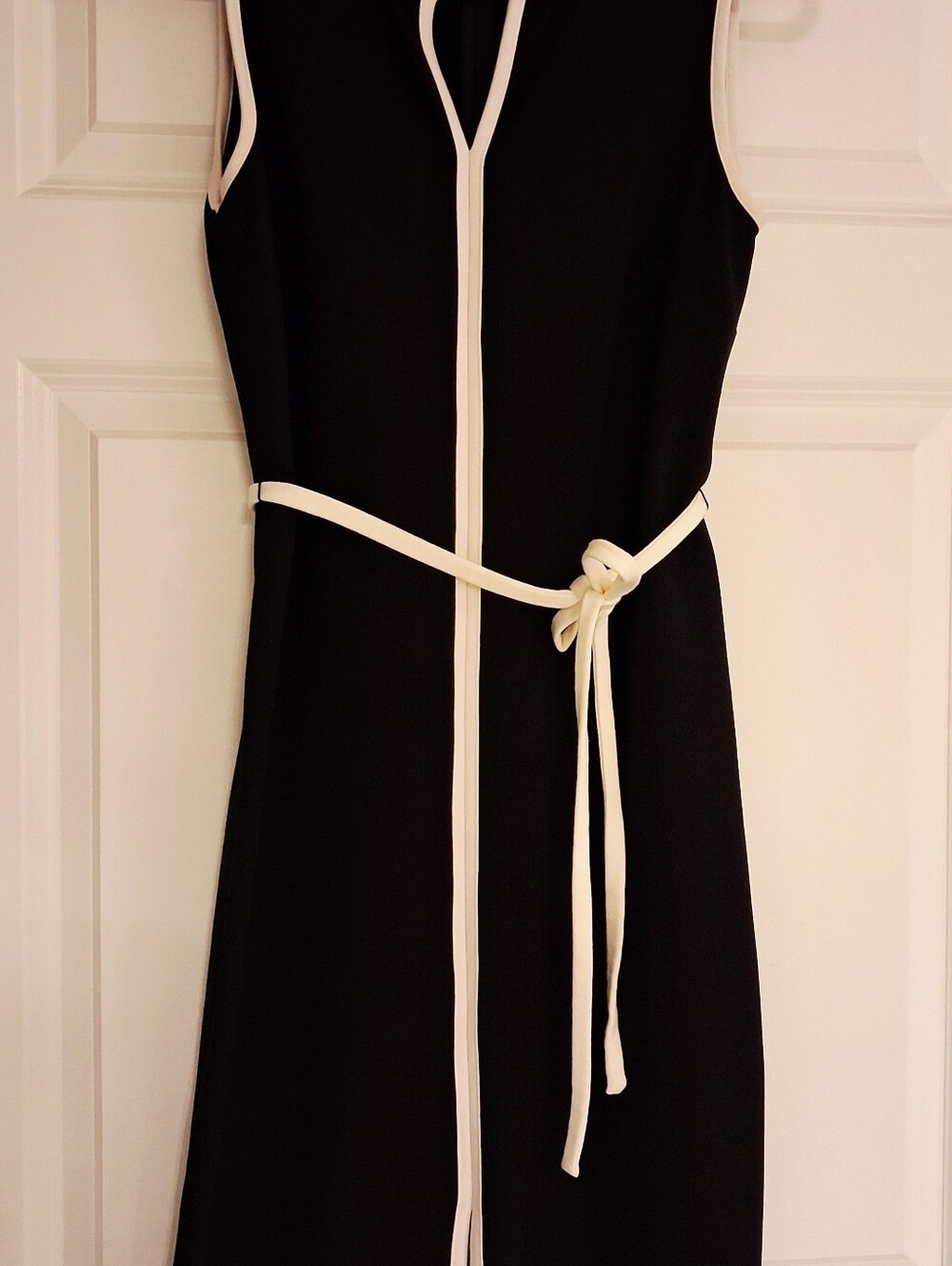 Talbots Elegant Black Sleeveless Sheath Dress with Ivory Trim and Tie Belt